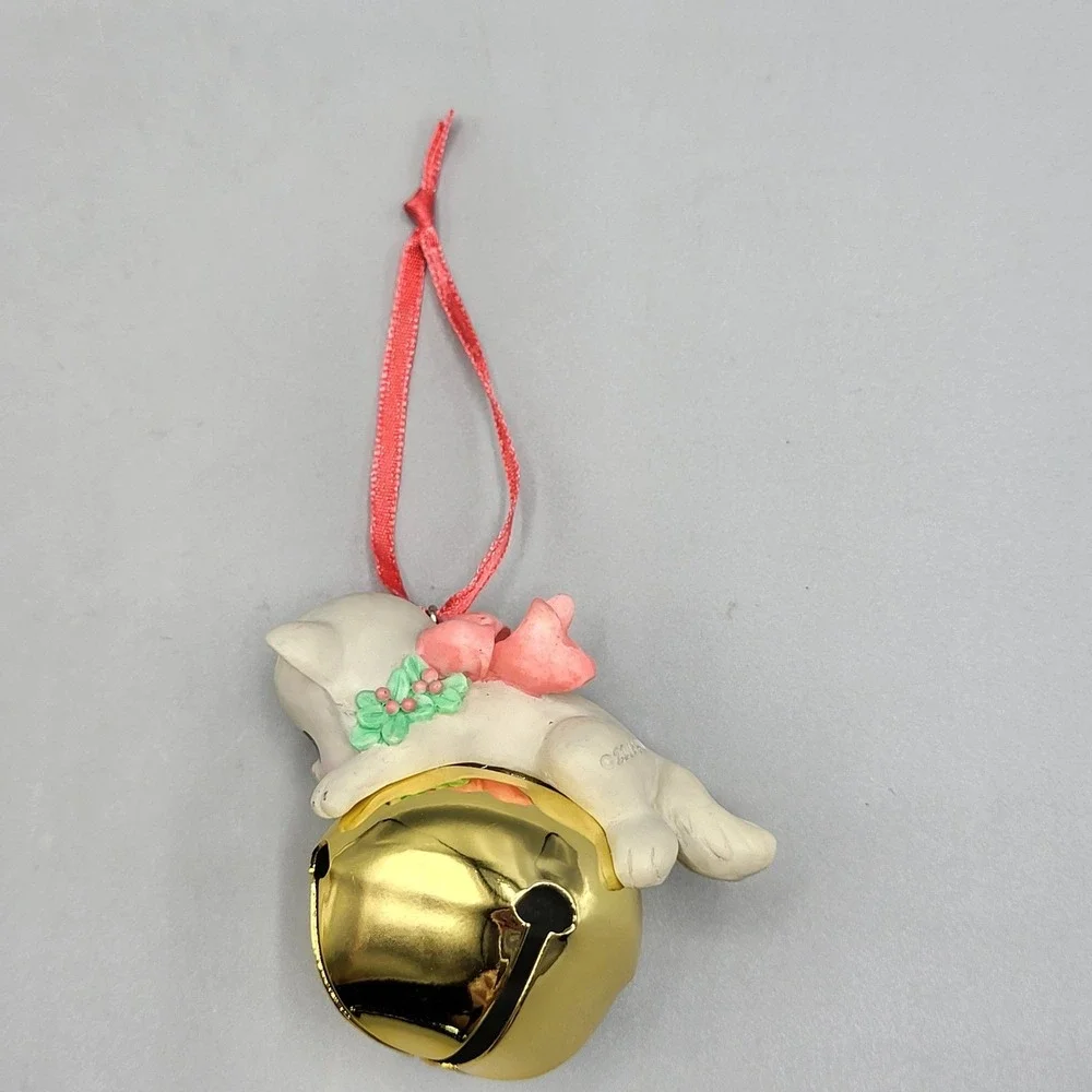 Vintage Precious Moments Cat Jingle Bell Ornament 2006 Kitten Pink Bow White